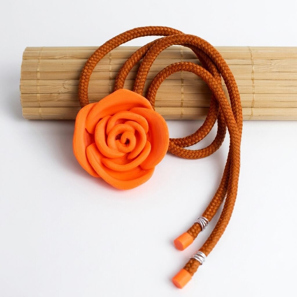 Colar Flor de Corda laranja — pingente de flor em impressão 3D (PLA) com fio náutico