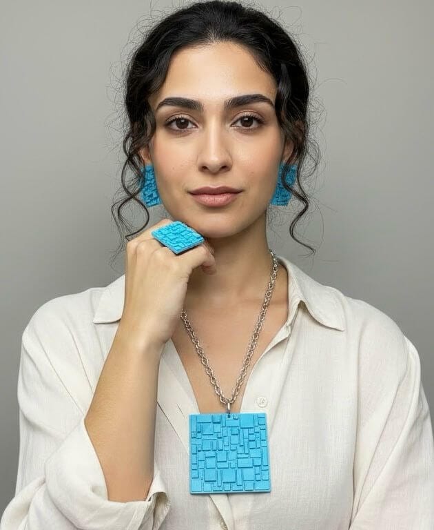 Conjunto Quadriculado Azul – Colar Longo + Brinco + Anel